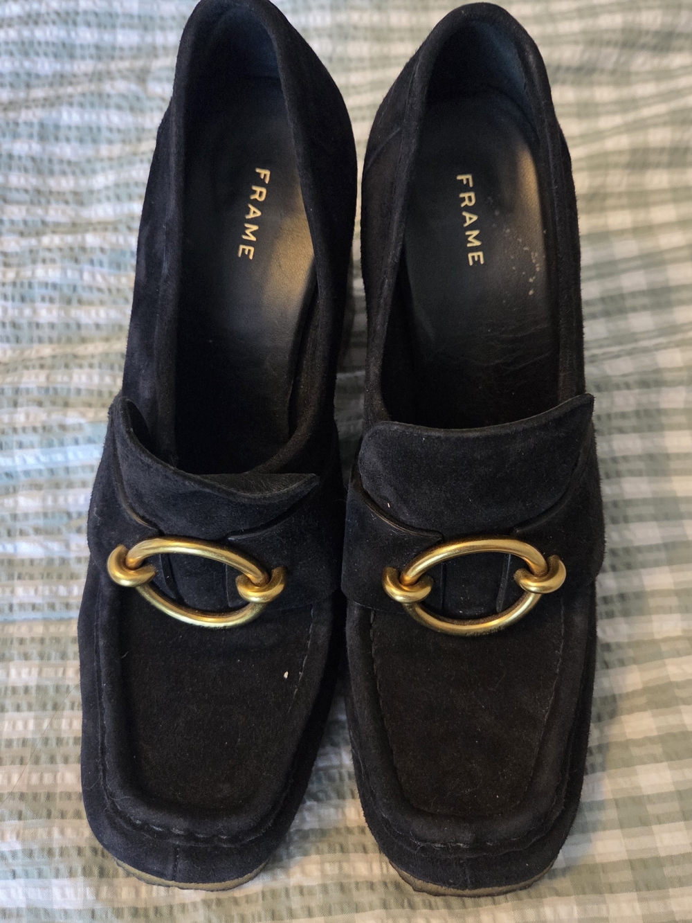 Frame Denim Black Suede Ankle Loafers with Gold Ring Accent